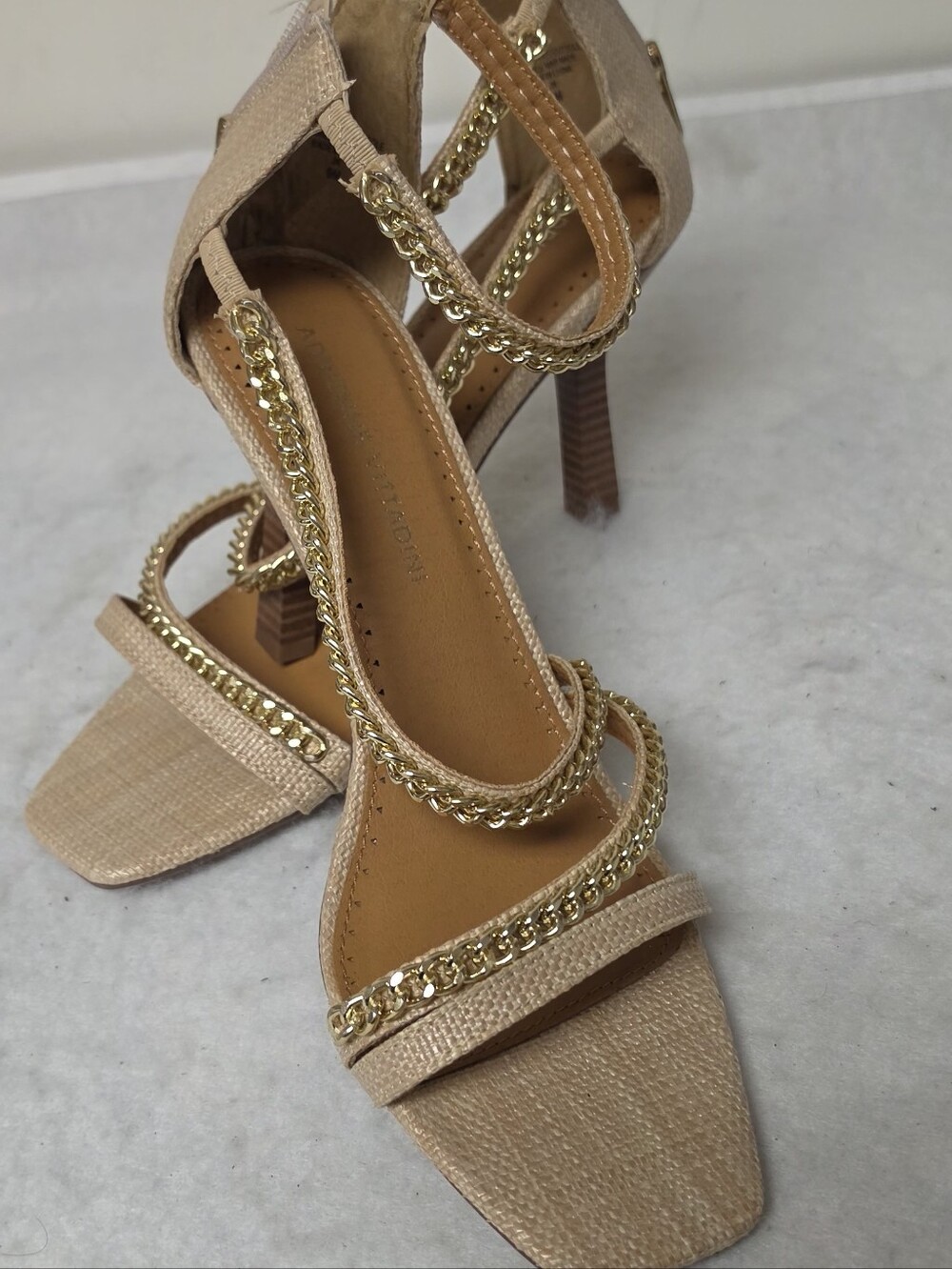 Adrienne Vittadini Beige Sandal Heels with Gold Chain Trim